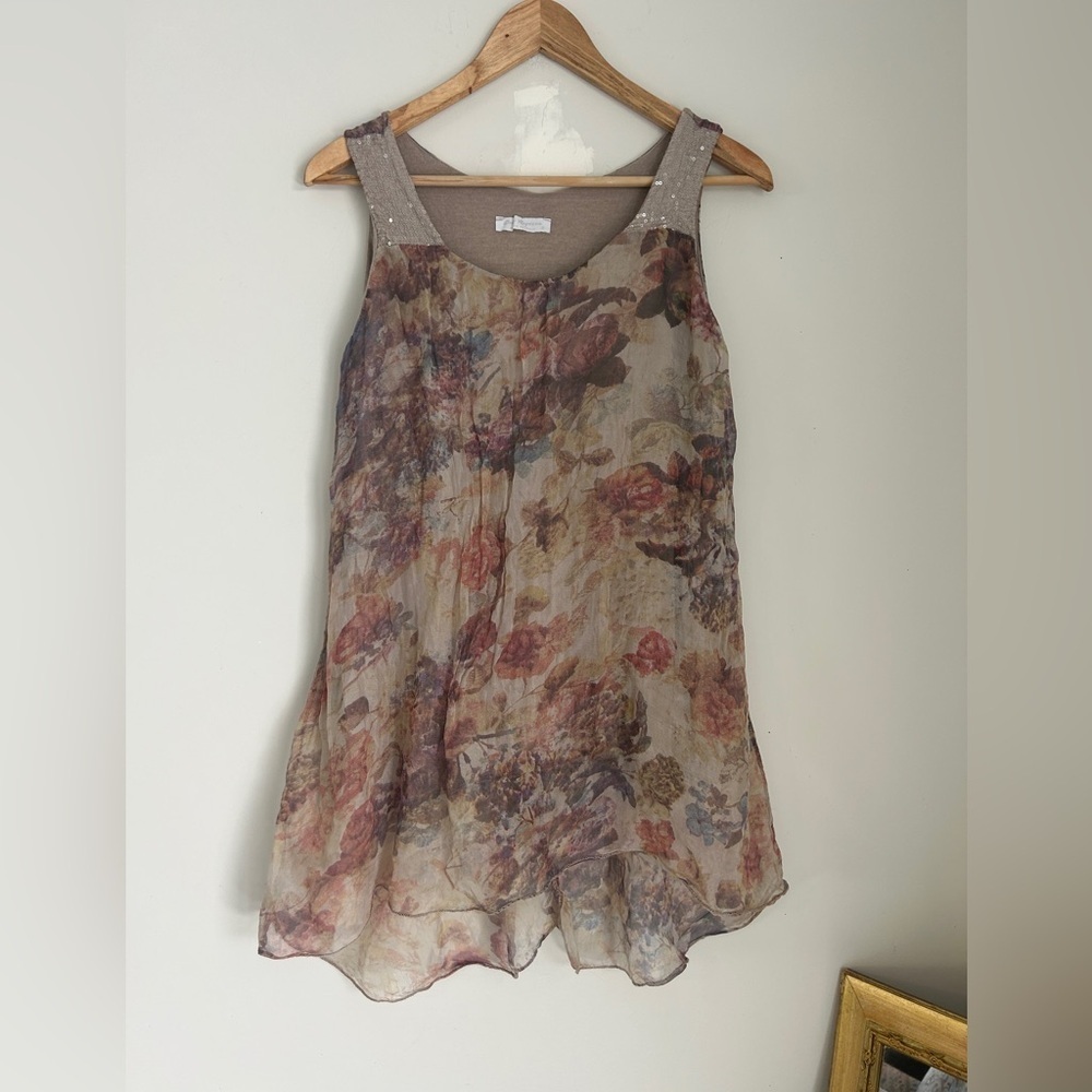 Silk Dolce Ragazza Italy Womens Size S sheer Floral Silk/Lined Tank W/Sequins